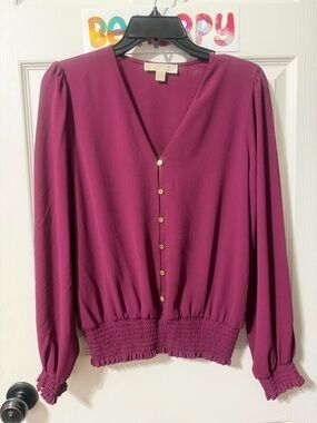 Michael Kors Rich Plum V-Neck Button-Front Long Sleeve Top
